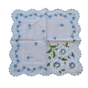 Vintage Blue Floral Cotton Handkerchief Scalloped Edge Daisy Print
